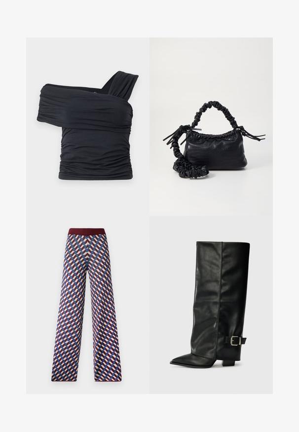 Juodas viršus be petnešų, pagamintas iš minkšto, elastingo audinio, su raukšlėtomis detalėmis ir plačios petnešos dizainu vienoje pusėje.; Raštuoti plačiakelniai kelnių su burgundišku juosmeniu, turintys geometrinį raštą raudonos, mėlynos ir grietinėlės spalvomis, audinys su tekstūra.; Juodų odinių kulkšninių batų su smailiu pirštu, lygia tekstūra ir sidabriniu sagties akcentu šone. Masyvūs kvadratiniai kulniukai.; Juodas dirbtinės odos rankinė su krokodilo tekstūra, sušnibždinta viršuje ir susikraipytu dirželiu. Atrodo minkšta ir kompaktiška.