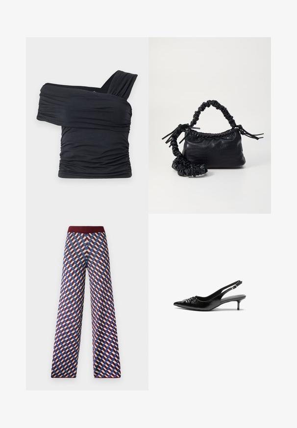 Crna bluzica bez naramenica napravljena od mekog, rastezljivog materijala, sa nabranim detaljima i širokim remenom s jedne strane.; Pantalone širokog kroja s uzorkom i bordo pojasom, s geometrijskim dizajnom u crvenoj, plavoj i krem boji, tkanina s teksturom.; Crne kožne sandale na petu s ikkrenim nosom, malom kitten petom i dekorativnom mašnom sprijeda. Glatka tekstura svuda.; Crna torba od umjetne kože s teksturom krokodila, s cinčanim vrhom i naboranom trakom. Izgleda mekano i kompaktno u dizajnu.