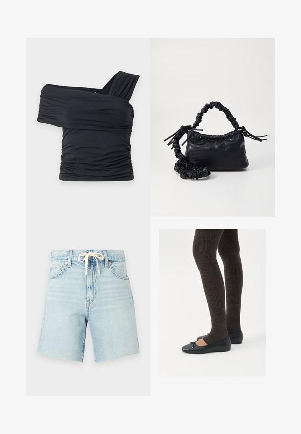 Top nero senza spalline realizzato in tessuto morbido e elasticizzato, con dettagli arricciati e un design con fascia larga su un lato.; Shorts in denim azzurro chiaro con vita regolabile tramite cordino, orlo leggermente sfrangiato e cinque tasche. Presentano una texture sbiadita e dettagli con rivetti in rame.; Scarpe nere a flat con un piccolo fiocco sulla punta, abbinate a collant a coste marrone scuro. Le scarpe hanno una texture liscia e un profilo basso.; Borsa a tracolla in ecopelle nera con texture a coccodrillo, apertura cinchata e tracolla arricciata. Si presenta con un design morbido e compatto.