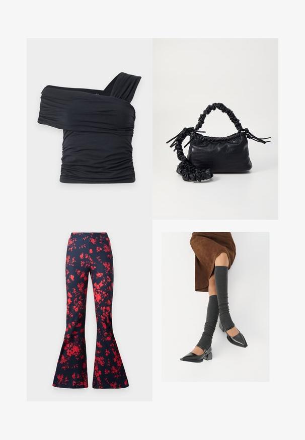 Juodas viršus be petnešų, pagamintas iš minkšto, elastingo audinio, su raukšlėtomis detalėmis ir plačios petnešos dizainu vienoje pusėje.; Tamsiai mėlyni platėjančių kelnių audinys su ryškiai raudonais gėlių motyvais. Sukurtas su prigludusia juosmena ir varpą primenančiomis kojomis. Lygi tekstūra.; Juodi lakuoti odiniai batai su aštriu kuma ir bloko kulnu, derinami su pilkais riebiais kojų šildytuvais ir rudais zomšiniais sijonais.; Juodas dirbtinės odos rankinė su krokodilo tekstūra, sušnibždinta viršuje ir susikraipytu dirželiu. Atrodo minkšta ir kompaktiška.