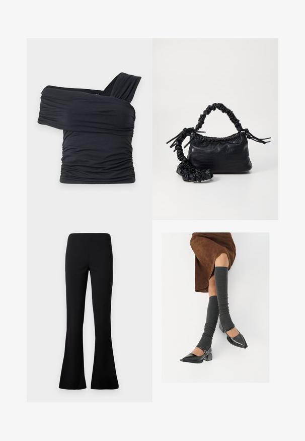 Top preto sem alças feito de um tecido macio e elástico, com detalhes franzidos e um design de alça larga de um lado.; Calças pretas de cintura alta com um top justo e pernas largas, apresentadas contra um fundo branco liso.; Sapatos pretos de pele lacada com biqueira pontuda, salto bloco e tiras no tornozelo, combinados com caneleiras cinzas em malha e uma saia de camurça castanha.; Bolsa de mão em couro sintético preto com textura de crocodilo, topo franzido e alça enrugada. Apresenta um design suave e compacto.