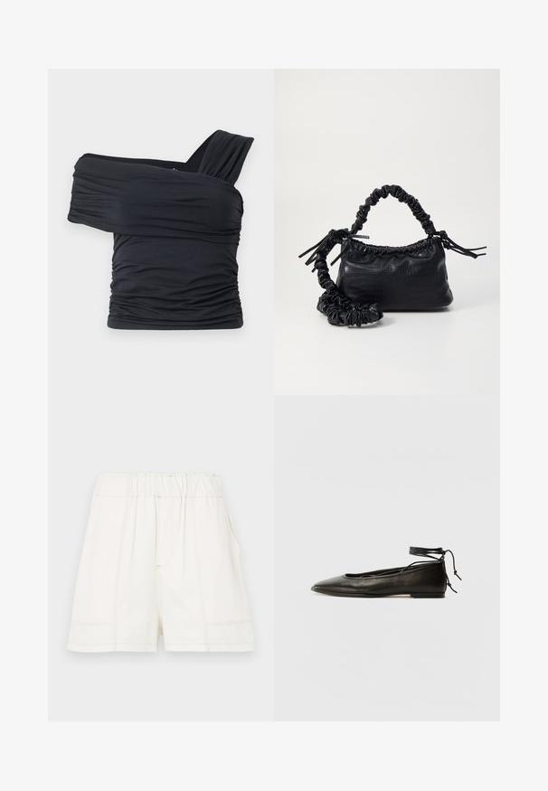 Must mustriba mustreenipee peal pehmed kudumeeliselt ja venivast kangast, omades rikutud detaile ja laia rihma disaini ühel küljel.; Valged puuvillased lühikesed püksid elastse vöökohtaga, küljetaskute ja nähtavate õmblustega, et lisada tekstuuri.; Must mustast balletijalatsid, millel on terav nina, pahkluu seotud ja lame tall, sujuva tekstuuri ning minimalistlik disain.; Must must sünteetilisest nahast käekott, millel on krokodillimuster, kokku tõmmatav ülaosa ja kortsus rihm. Tundub pehme ja kompaktne disain.
