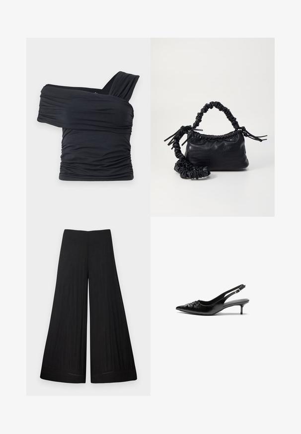 Black off-shoulder top made from soft, stretchy fabric, featuring ruched details and a wide strap design on one side.; Black wide-leg trousers made from lightweight fabric. Features a flat waistband and flowing material, with minimal stitching details.; Black leather slingback heels with a pointed toe, small kitten heel, and a decorative knot detail on the front. Smooth texture throughout.; Black faux leather handbag with a crocodile texture, cinched top, and a scrunched strap. Appears soft and compact in design.
