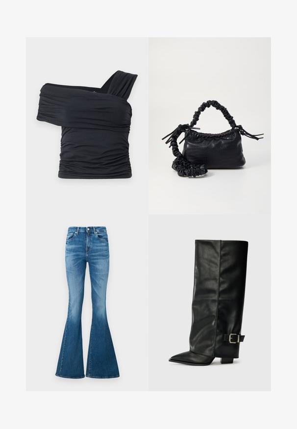Black off-shoulder top made from soft, stretchy fabric, featuring ruched details and a wide strap design on one side.; Flared jeans made of medium-weight denim, featuring a high waist, light blue color, subtle fading, and classic five-pocket design.; Black leather ankle-length boots with a pointed toe, smooth texture, and a silver buckle accent on the side. Chunky square heel.; Black faux leather handbag with a crocodile texture, cinched top, and a scrunched strap. Appears soft and compact in design.