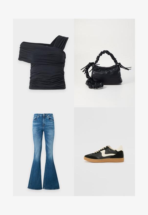 Top negru, cu umeri golași, fabricat dintr-un material moale și elastic, având detalii plissate și un design cu bretele late pe o parte.; Blugi evazați din denim de greutate medie, cu talie înaltă, de culoare albastru deschis, cu o ușoară decolorare și un design clasic cu cinci buzunare.; Tenisi din suede și piele negri cu un swoosh lateral de culoare crem și călcâi de un crem deschis. Prezintă șireturi bej și o talpă din rubber de tip gum.; Geantă din faux leather neagră cu textură de crocodil, cu partea superioară strânsă și o curea mototolită. Pare moale și compactă ca design.