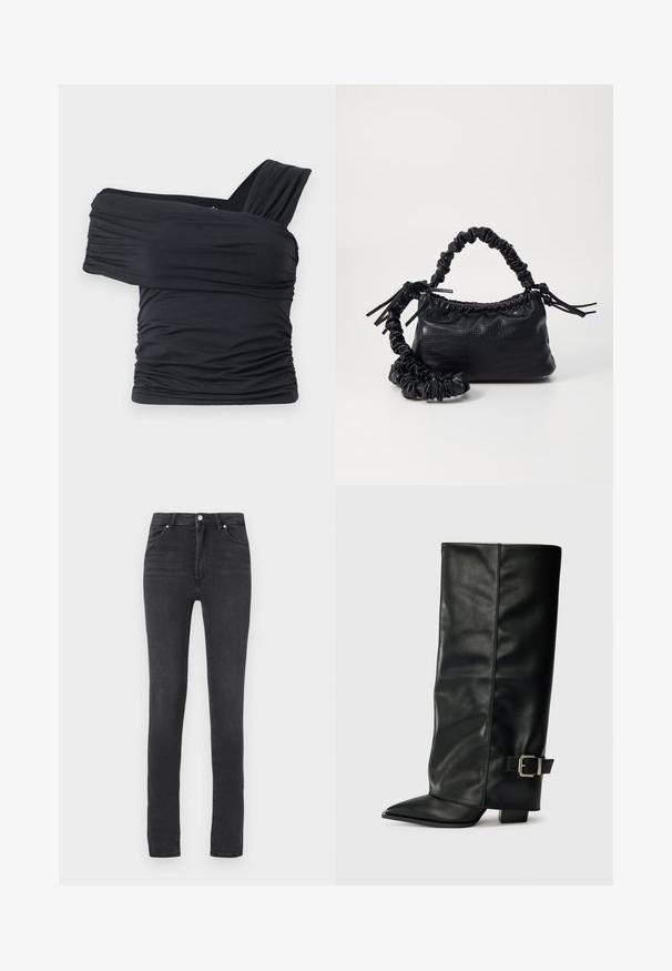 Zwarte off-shoulder top gemaakt van zachte, rekbare stof, met gerimpelde details en een bredere bandontwerp aan één kant.; Zwarte skinny jeans met hoge taille, gemaakt van stretchdenim, met riemlussen, minimaal stiksels en een klassiek vijf-pocket ontwerp.; Zwarte leren enkellange laarzen met een spitse neus, een gladde textuur en een zilveren gesps Accent aan de zijkant. Stevige vierkante hak.; Zwarte nepleer handtas met een krokodillenstructuur, opgedroogde bovenkant en een gekreukte hengsel. Het lijkt zacht en compact van ontwerp.
