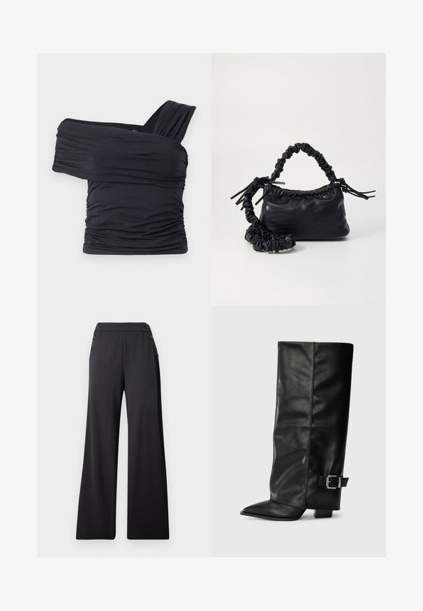 Fekete, vállnélküli felső, puha, rugalmas anyagból, fodros részletekkel és egyoldali széles pánttal.; Fekete, széles lábú nadrág magas derékkal és díszítő gombokkal az oldalán, sima háttér előtt laposan elhelyezve.; Fekete bőr bokáig érő csizmák hegyes orral, sima felülettel és ezüst csattal az oldalon. Tömbös négyzet alakú sarok.; Fekete műbőr kézi táska krokodil bőr textúrával, összehúzható tetejű és gyűrt pánttal. Lágy és kompakt dizájnúnak tűnik.