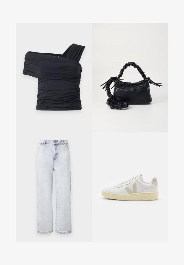 Čierny top bez ramienok vyrobený z jemného, elastického materiálu, s nariasenými detailmi a širokým dizajnom ramienka na jednej strane.; Svetlomodré denimové nohavice so širokými nohavicami a vysokým pásom, vybavené zapínaním na gombík, rovnými okrajmi a minimálnym vyblednutím.; Biele kožené tenisky s béžovými semišovými akcentmi, perforovanou špičkou, plochými šnúrkami a textúrovanou krémovou podrážkou. Obsahujú jemné označenie na päte.; Čierna umelá kožená kabelka s kroko vzorom, sťahovaným vrchom a zhnutým popruhom. Vyzerá mäkko a kompaktné v dizajne.