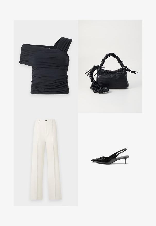 Black off-shoulder top made from soft, stretchy fabric, featuring ruched details and a wide strap design on one side.; White, wide-leg trousers with a high waist, featuring two front pleats, a single button closure, and pockets. Smooth fabric texture.; Black leather slingback heels with a pointed toe, low kitten heel, and gathered detail on the vamp. Smooth texture and minimalist design.; Black faux leather handbag with a crocodile texture, cinched top, and a scrunched strap. Appears soft and compact in design.