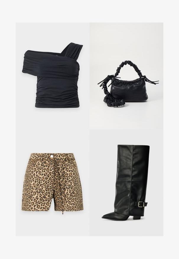 Juodas viršus be petnešų, pagamintas iš minkšto, elastingo audinio, su raukšlėtomis detalėmis ir plačios petnešos dizainu vienoje pusėje.; Leopardų rašto šortai su smėlio ir rudos spalvų deriniu, turintys mygtuką, diržų kilpeles ir laisvą siluetą.; Juodų odinių kulkšninių batų su smailiu pirštu, lygia tekstūra ir sidabriniu sagties akcentu šone. Masyvūs kvadratiniai kulniukai.; Juodas dirbtinės odos rankinė su krokodilo tekstūra, sušnibždinta viršuje ir susikraipytu dirželiu. Atrodo minkšta ir kompaktiška.