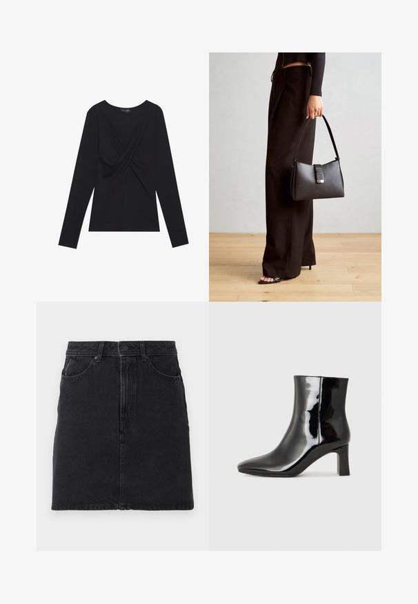Schwarzes Langarm-Oberteil für Frauen mit einem verdrehten Vorderteil und rundem Halsausschnitt, aus weichem Stoff gefertigt.; Schwarzer Jeansrock mit geradem Schnitt, ausgestattet mit einem Knopf- und Reißverschluss vorne, zwei vorderen Taschen und einfachen Steppnähten.; Schwarzer Lackleder-Stiefelette mit spitzer Zehe und einem mittelhohen Blockabsatz. Glatte Textur und minimalistisches Design.; Schwarze Handtasche mit strukturierter Form, glatter Textur und einem metallischen Verschluss. Kombiniert mit weiten schwarzen Hosen und offenen Sandalen auf einem Holzboden.