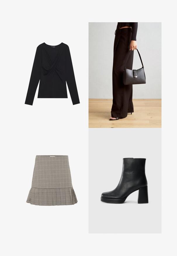 Melnas ilga piedurkne sieviešu blūze ar savītu priekšpusi un apaļu izgriezumu, izgatavota no maiga auduma.; Pelēks šķērlis svārki ar paplašinātu apakšmalu, ar smalku plecu dizainu un pieguļošu jostasvietu. Izgatavoti no viegla auduma.; Melna ādas potīšu zābaku ar bloku papēdi un platformas zoli, skatīts no sāna uz vienkārša balta fona.; Melnā somiņa ar strukturētu formu, gludu tekstūru un metālu sprādzi. Saskaņota ar platām melnām biksēm un sandālēm ar atvērtu purngalu uz koka grīdas.