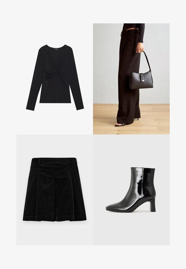 Svart langermet topp for kvinner med vridd frontdetalj og rund hals, laget av myk stoff.; Svart kordfløyelskjørt med plisserte detaljer, med rett snitt, teksturert overflate og en linning for en sikker passform.; Sorte patentlær ankle boot med spiss tå og en mellomhøy blokkhelt. Glatt tekstur og minimalistisk design.; Svart håndveske med strukturert form, jevn tekstur og metallisk lås. Kombinert med brede svarte bukser og sandaler med åpen tå på tregulv.