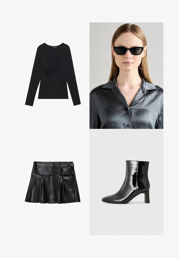 Bluză neagră cu mânecă lungă pentru femei, cu un detaliu înfășurat în față și gât rotund, confecționată dintr-un material moale.; Fustă din piele neagră cu pliseuri, talie largă și două detalii cu catarame pe lateral. Textură netedă cu un finisaj lucios.; Botine negre din piele lacuită, cu vârful ascuțit și toc bloc de înălțime medie. Textură netedă și design minimalist.; Ochelari de soare negri cu formă de ochi de pisică și finisaj lucios, purtați cu o cămașă gri texturată cu nasturi și guler. Cerceii mari, în formă de inel, sunt vizibili.