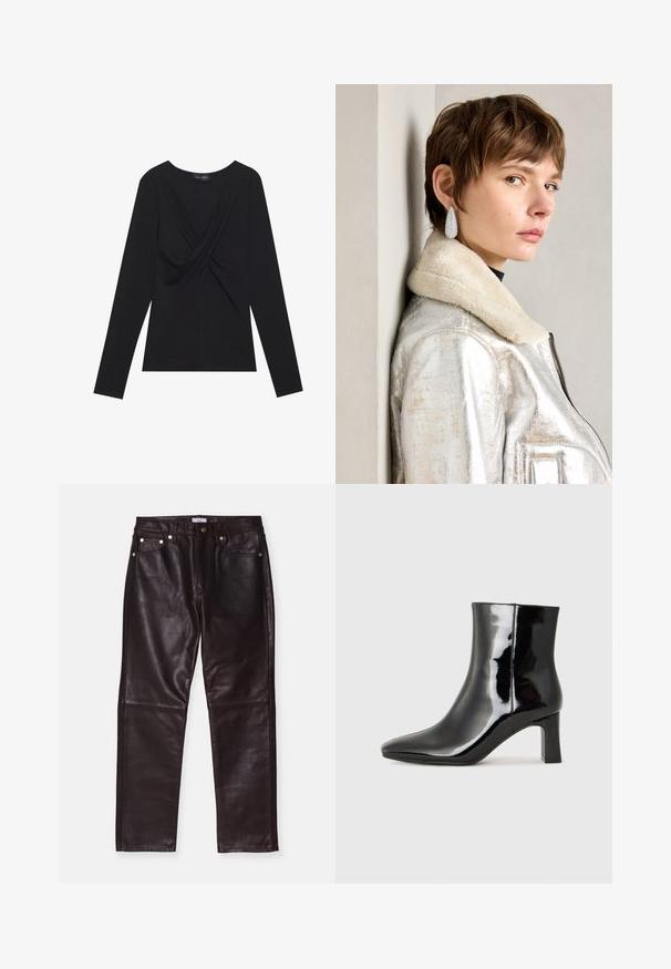 Must teadpikkade varrukatega must naiste top, millel on keeratud esiosa ja ümmargune kaelus, valmistatud pehmest kangast.; Pruunid nahkpüksid sileda tekstuuriga, nelja taskuga, lukuga ja metallist detaile sisaldav. Kohandatud sirgete jalgade disain.; Must-sinine nahkjalats musta läikiva viimistlusega, millel on terav nina ja keskmise kõrgusega plokk konts. Sile tekstuur ja minimalistik disain.; Hõbedane metallik nahktagi, millel on villane kaelus, lukuga sulgemine ja tekstuurpind. Suured tilga kujulised kõrvarõngad selgete gemmidega.