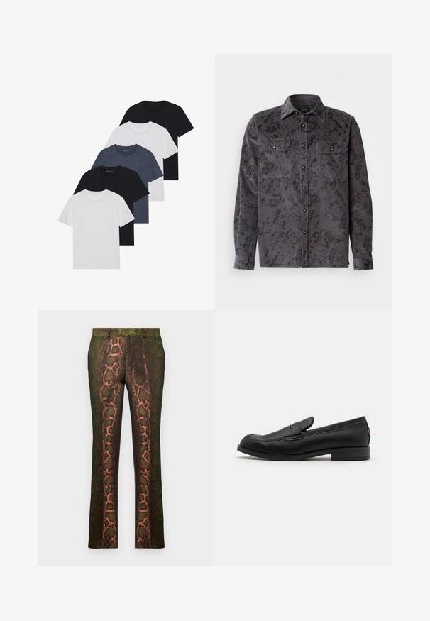 Ensemble de cinq t-shirts en noir, blanc et bleu marine. Tissu en coton, manches courtes, design col rond et texture unie sans motifs.; Chemise en côtes de velours gris avec un motif floral noir, deux poches sur la poitrine, un col pointu et des boutons métalliques. Tissu texturé avec des nervures verticales.; Pantalons à motifs verts présentant un design imprimé de serpent avec des nuances de marron et d'orange, coupe droite et texture lisse.; Mocassins en cuir noir avec une finition lisse, un bout arrondi et une petite flèche décorative. Dotés d'un petit talon empilé et d'un détail de marque subtil.