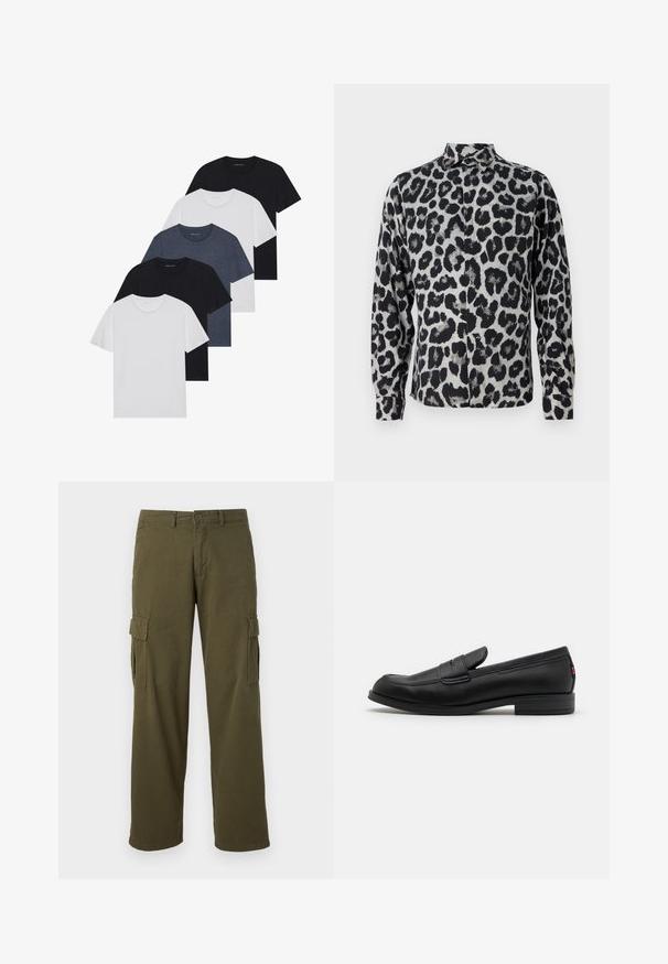 Σύνολο πέντε μπλουζών σε μαύρο, λευκό και ναυτικό μπλε. Βαμβακερό ύφασμα, κοντό μανίκι, σχέδιο με στρογγυλή λαιμόκοψη και απλή υφή χωρίς σχέδια.; Μαύρη και άσπρη πουκαμίσα με λεοπάρ σχέδιο, διαθέτει κολάρο, μακριά μανίκια και απαλό υφασμάτινο τελείωμα.; Χακί cargo παντελόνι με ίσια γραμμή, διαθέτει πλαινές τσέπες, κουμπί κλεισίματος και ανθεκτική υφασμάτινη υφή.; Μαύρα δερμάτινα λοφράκια με απαλή επιφάνεια, στρογγυλή μύτη και μικρό διακοσμητικό καπάκι. Διαθέτουν χαμηλό ψηλό τακούνι και διακριτική λεπτομέρεια σήμανσης.