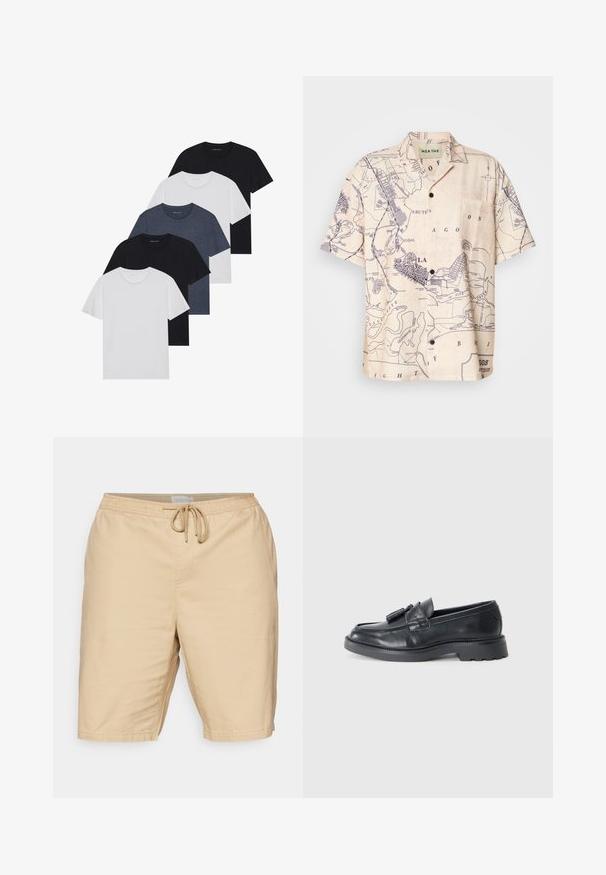 Viisi t-paitaa mustana, valkoisena ja tummansinisena. Puuvillakankainen, lyhyet hihat, pyöreä kaula-aukko ja yksinkertainen pinta ilman kuvioita.; Lyhythempärinen paita vaaleanbeigeistä kankaasta, jossa on tummansinisellä karttakuva, klassinen kaulus ja etutasku.; Vaaleanbeige lyhyet housut, jotka on valmistettu sileäpintaisesta kankaasta. Niissä on elastinen vyötärö, naru ja sivutaskut.; Musta nahkakengäntä, joissa on pyöreä kärki, nauha tupsuilla ja paksu pohja, jossa on kuvio. Sileä pinta ja klassinen muotoilu.