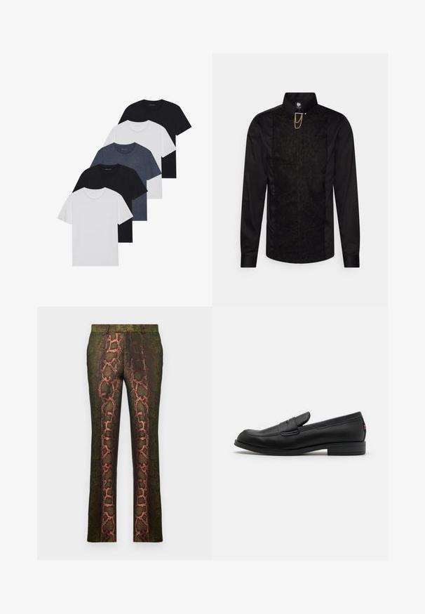 Set van vijf t-shirts in zwart, wit en marineblauw. Katoenen stof, korte mouwen, ronde halsontwerp en een effen textuur zonder patronen.; Zwarte lange mouw shirt met een centraal kanten paneel, gouden kettingaccent en een kraagnek. Glad textuur overal.; Groene broek met een slangenprintdesign in bruin en oranje tinten, rechte snit en een gladde textuur.; Zwarte leren instappers met een gladde afwerking, ronde neus en een kleine decoratieve flap. Heeft een lage gestapelde hak en een subtiel merkteken.