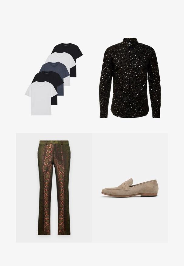 Set van vijf t-shirts in zwart, wit en marineblauw. Katoenen stof, korte mouwen, ronde halsontwerp en een effen textuur zonder patronen.; Twisted Tailor FARROW - Overhemd - black; Groene broek met een slangenprintdesign in bruin en oranje tinten, rechte snit en een gladde textuur.; Beige suede instapper met minimale stiksels, een platte hak en een leren zool. Voorzien van een enkele bandaccent nabij de toplaag. Platte silhouet.