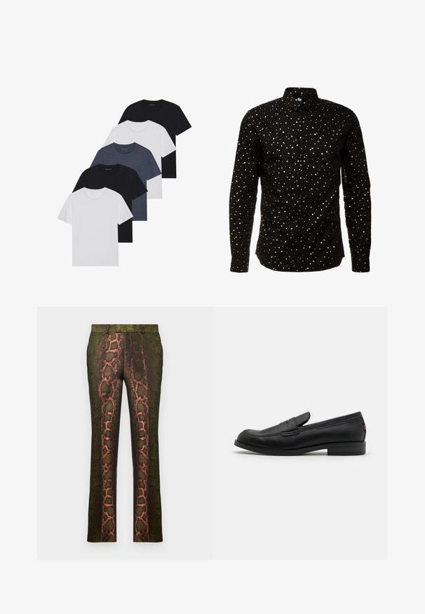 Set of five t-shirts in black, white, and navy blue. Cotton fabric, short sleeves, crew neck design, and plain texture with no patterns.; Twisted Tailor FARROW - Shirt - black; Green patterned trousers featuring a snake print design with shades of brown and orange, straight cut, and a smooth texture.; Black leather loafers with a smooth finish, rounded toe, and a small decorative flap. Features a low stacked heel and subtle branding detail.