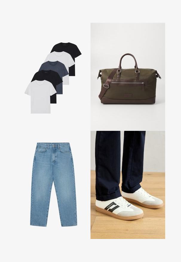Set aus fünf T-Shirts in Schwarz, Weiß und Marineblau. Baumwollstoff, kurze Ärmel, Rundhalsausschnitt und schlichte Textur ohne Muster.; Hellblaue Jeans im weit geschnittenen Stil mit hoher Taille, ausgestattet mit fünf Taschen, Gürtelschlaufen und einer weichen, leicht verblassten Textur.; Weiße und graue Turnschuhe mit schwarzen Streifen, aus Leder gefertigt, mit einer Gummisohle und flachen Schnürsenkeln. Kombiniert mit blauen Hosen auf einem Holzboden.; Canvas-Duffel-Tasche in Olivgrün mit braunen Lederakzenten, ausgestattet mit zwei Griffen, einem abnehmbaren Schultergurt und einer Vorderreißverschlusstasche.