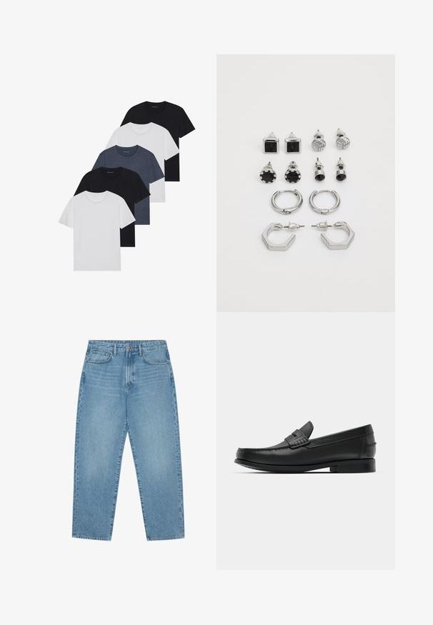 Set di cinque t-shirt in nero, bianco e blu navy. Tessuto di cotone, maniche corte, design a collo rotondo e texture semplice senza motivi.; Jeans in denim azzurro chiaro con taglio a gamba dritta, design a cinque tasche e una texture leggermente slavata. Presentano una chiusura con bottone e zip.; Mocassini in pelle nera con punta rotonda, cuciture dettagliate e tacco quadrato basso. Texture liscia e design minimalista.; Set di orecchini in tono argento, che comprende due paia di orecchini a cerchio e sei paia di orecchini a perno con diverse forme e texture, compresi accenti neri.