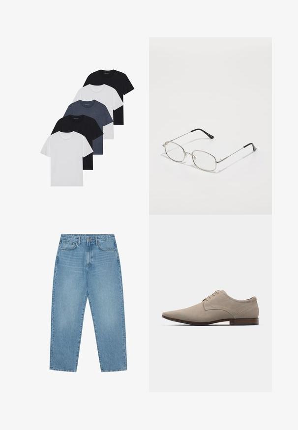 Set van vijf t-shirts in zwart, wit en marineblauw. Katoenen stof, korte mouwen, ronde halsontwerp en een effen textuur zonder patronen.; Lichtblauwe denim jeans met een rechte pijp, vijfzakkenontwerp en een licht verweerde look. Voorzien van een knoop- en ritssluiting.; Beige veterschoenen van zacht suede, met een spitse neus, minimale stiknaden en een houten hak. Glad textuur en eenvoudig ontwerp.; Metalen bril met een ovale montuur, zilveren randen en heldere glazen. Slanke, rechte pootjes met zwarte uiteinden, minimalistisch ontwerp.