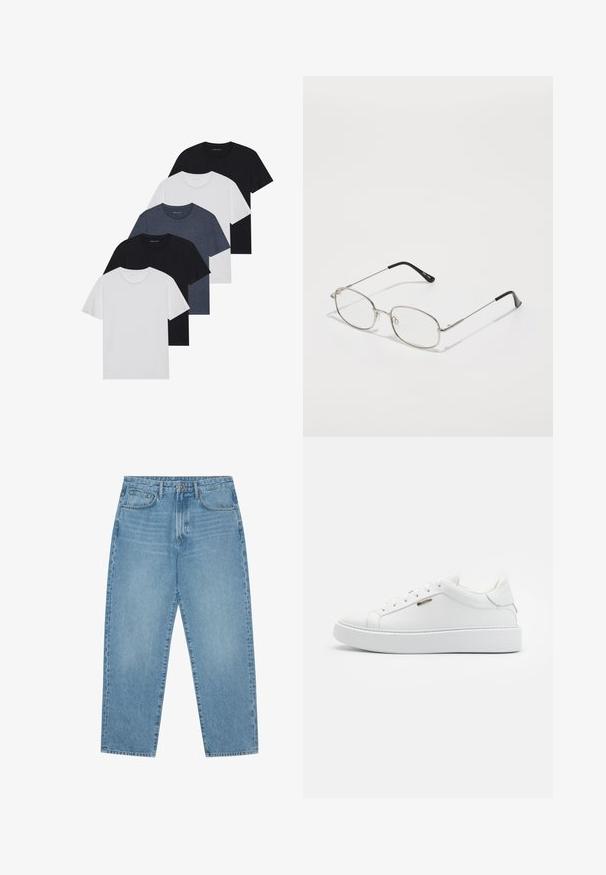 Viie t-särgi komplekt mustas, valges ja tumesinisest. Puuvillane kangas, lühikesed varrukad, ümar kaelaauk ja ühtlane tekstuur ilma mustriteta.; Hele sinised teksapüksid sirge säärega, viie taskuga disain ja kergelt tuhmunud tekstuuriga. Varustatud nupuga ja luku sulgemisega.; Valged nahast spordijalatsid, millel on tekstureeritud pind, ümmargune varvas, lame kummist tald ja tugevdatud konts, millel on minimalistlik disain ja hõbedane aktsent.; Metallraamidega prillid, ovaalse raamiga, hõbedaste äärtega ja selgete läätsedega. Õhukesed, sirged käepidemed mustade otstega, minimalistlik disain.