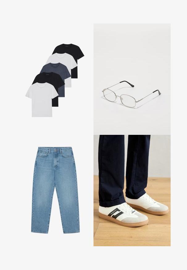 Set di cinque t-shirt in nero, bianco e blu navy. Tessuto di cotone, maniche corte, design a collo rotondo e texture semplice senza motivi.; Jeans in denim azzurro chiaro con taglio a gamba dritta, design a cinque tasche e una texture leggermente slavata. Presentano una chiusura con bottone e zip.; Sneakers bianchi e grigi con strisce nere, realizzati in pelle, dotati di suola in gomma e lacci piatti. Indossati con pantaloni blu navy su un pavimento in legno.; Occhiali in metallo con montatura ovale, cornici argentate e lenti trasparenti. Aste sottili e dritte con punte nere, design minimalista.
