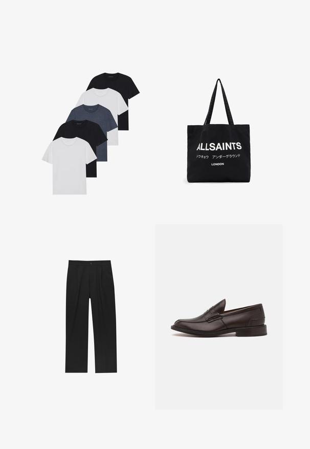 Set di cinque t-shirt in nero, bianco e blu navy. Tessuto di cotone, maniche corte, design a collo rotondo e texture semplice senza motivi.; Pantaloni neri con un design a gamba dritta, realizzati in un tessuto liscio. Presentano pieghe frontali e una chiusura a un bottone in vita.; Tricker's JAMES SOLE FIT - Mocassini eleganti - chesnut burnished; Borsa a tracolla nera in tela con grande testo bianco "ALLSAINTS" e testo più piccolo in giapponese con "LONDRA" in basso. Due manici lunghi.