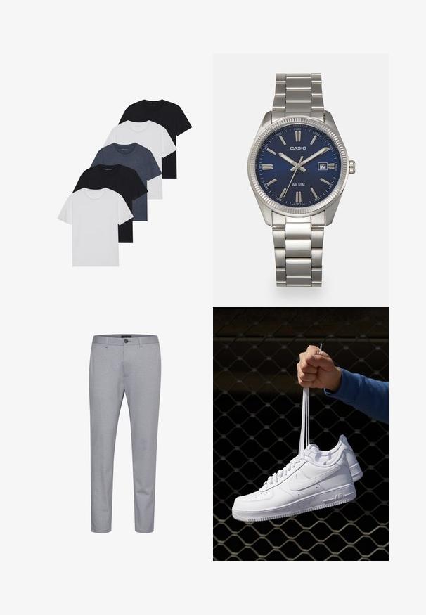 Set od pet majica u crnoj, bijeloj i tamnoplavoj boji. Pamuk, kratki rukavi, kružićasti izrez i jednolična tekstura bez uzoraka.; Sive hlače s uzorkom od tkanine glatke teksture. Sadrže kopčanje na gumb i dizajn suženih nogavica.; Bijele kožne tenisice s perforacijama, okruglim vrhom, ravnim potplatom i debelim vezicama, s vidljivim swoosh logom i natpisom "AIR" na peti.; Srebrni sat od nehrđajućeg čelika s tamnoplavim brojčanikom, metalnim oznakama sati i prozorom za datum na 3 sata. Vodootporan do 50 metara.