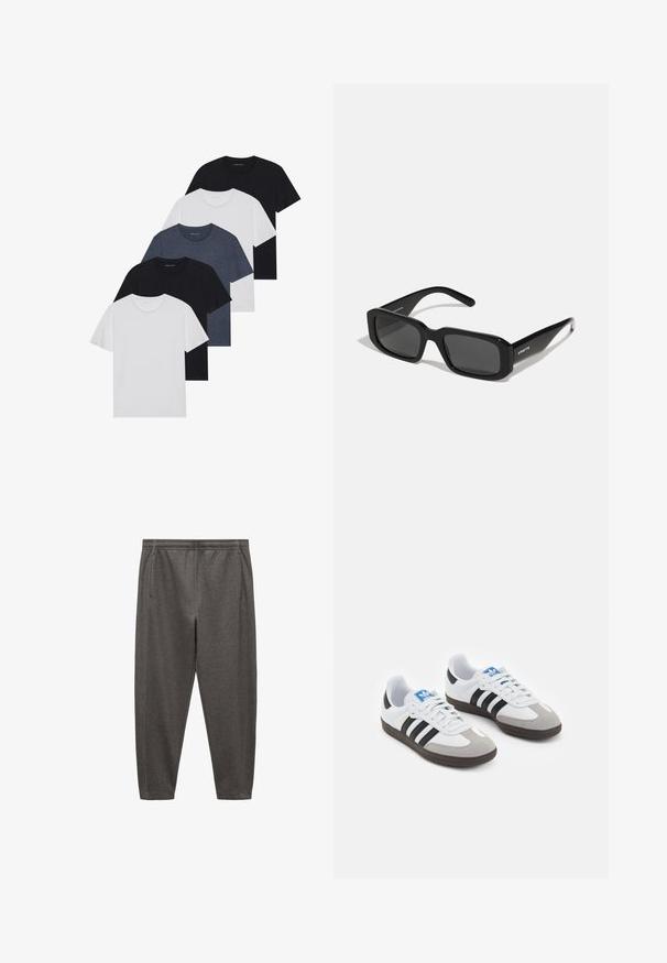 Set di cinque t-shirt in nero, bianco e blu navy. Tessuto di cotone, maniche corte, design a collo rotondo e texture semplice senza motivi.; Pantaloni da jogging grigi realizzati in tessuto morbido, dotati di elastico in vita, tasche laterali e un design a gamba affusolata.; Scarpe sportive con tomaia in pelle bianca, punta in suede grigia e tre strisce nere. Presentano un logo blu sulla linguetta e una suola in gomma testurizzata.; Arnette THEKIDD UNISEX - Occhiali da sole - black