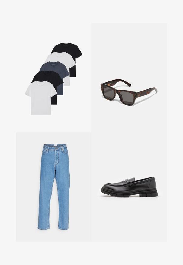 Viie t-särgi komplekt mustas, valges ja tumesinisest. Puuvillane kangas, lühikesed varrukad, ümar kaelaauk ja ühtlane tekstuur ilma mustriteta.; Heled sinised kõrge vöökoha sirged teksad eesnupu ja lukuga, vööloopide ja viie-tasku disainiga valge tausta ees.; Mustad musta naha sussid sujuva viimistlusega, esiosal rihmaga detail ning paksu kummitaldaga, mis on kaunistatud soontega.; Sinupruunid päikeseprillid tumedate läätsede, ruudukujulise raamiga ja hõbedaste aktsent-nööridega ees. Valmistatud plastikust, kerged ja vastupidavad.