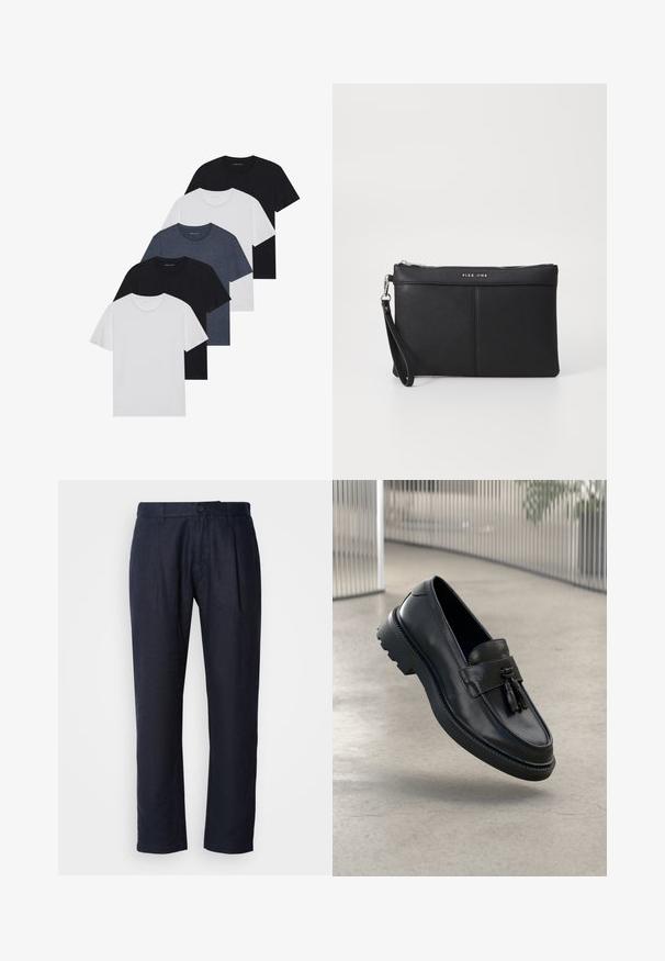 Set med fem t-shirts i svart, vitt och marinblått. Bomullslyster, korta ärmar, rund halsdesign och slät struktur utan mönster.; Mörk marinblå linnbyxor med framfållar, midjeband med bältesöglor och en enknappsstängning.; Svarta loafers i läder med slät yta, dekorativ tofs, tjock sula i gummi och sydda detaljer. Lätt och elegant design.; Svart syntetisk clutch med dragkedja, handledsrem och en slät textur. Har subtil sömnad och en prägling av logotypen på framsidan.