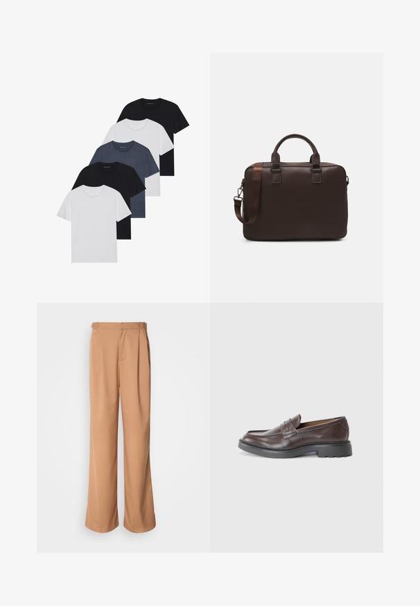 Set van vijf t-shirts in zwart, wit en marineblauw. Katoenen stof, korte mouwen, ronde halsontwerp en een effen textuur zonder patronen.; Bijknipte, wijde broek gemaakt van glad, beige stof met voorplooien en metalen accenten op de tailleband.; Bruine leren instappers met een gladde afwerking, ronde neus, minimale stiksels en een dikke zwarte rubberen zool. Geen zichtbare hardware of accenten.; Bruine leren laptoptas met een gevarieerde textuur, dubbele handvaten aan de bovenkant, verstelbare schouderriem en twee voorste gespen voor extra detail.