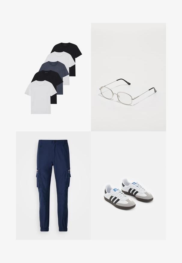 Zestaw pięciu koszulek w kolorach czarnym, białym i granatowym. Wykonane z bawełny, z krótkimi rękawami, klasycznym dekoltem i gładką fakturą, bez wzorów.; Granatowe spodnie cargo wykonane z lekkiego materiału, z bocznymi kieszeniami, elastycznymi mankietami i szczegółem w postaci kieszeni na zamek.; Buty sportowe z białą skórzaną cholewką, szarym zamszowym noskiem i trzema czarnymi paskami. Posiadają niebieskie logo na języku oraz teksturowaną gumową podeszwę.; Metalowe okulary z owalną oprawą, srebrnymi obrzeżami i przezroczystymi soczewkami. Cienkie, proste zauszniki z czarnymi końcówkami, minimalistyczny design.