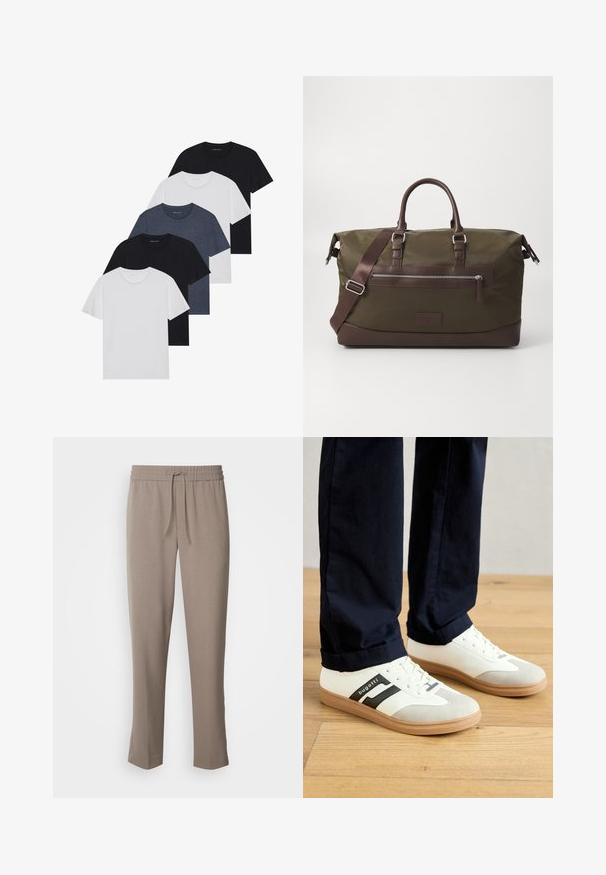 Öt fekete, fehér és tengerészkék póló készlet. Pamut anyag, rövid ujjak, kerek nyakú dizájn és sima textúra minták nélkül.; Világosbarna nadrág, rugalmas derékkal és zsinórral. Szűkített szárak, sima textúrával, látható minták vagy díszítések nélkül.; Fehér és szürke sportcipők fekete csíkokkal, bőrből készültek, gumitalppal és lapos fűzővel. Tengerészkék nadrággal viselik egy fa padlón.; Olíva zöld vászon sporttáska barna bőr kiegészítőkkel, dupla fogantyúval, levehető vállpánttal és elülső cipzáras zsebbel.