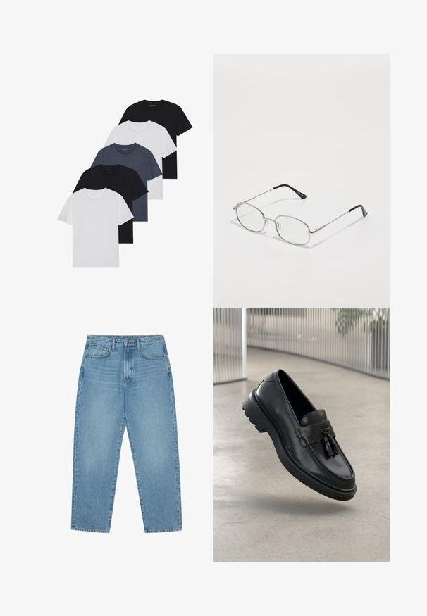 Conjunto de cinco t-shirts em preto, branco e azul marinho. Tecido de algodão, mangas curtas, design de gola redonda e textura lisa sem padrões.; Calças de ganga azul-claro com corte de perna reta, design de cinco bolsos e textura ligeiramente desbotada. Apresentam fecho de botão e zipper.; Mocassins de couro preto com acabamento liso, tassel decorativo, sola grossa de borracha e detalhes costurados. Design leve e elegante.; Óculos de metal com armação oval, aros prateados e lentes transparentes. Braços slim e retos com pontas pretas, design minimalista.