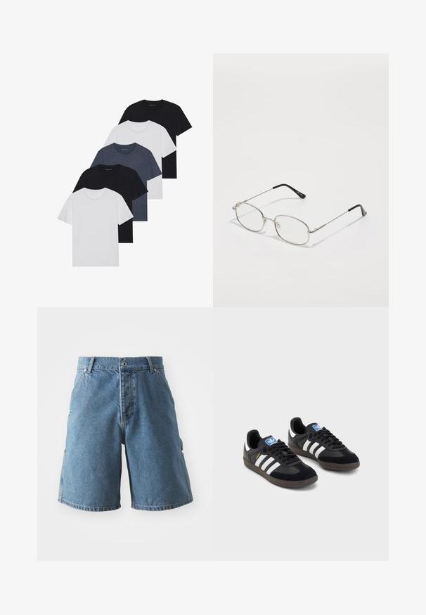 Piecu T-kreklu komplekts melnā, baltā un tumši zilā krāsā. kokvilnas audums, īsas piedurknes, apļveida kakla dizains un vienkārša faktūra bez rakstiem.; Gaiši zilo džinsu šorti. Ar klasisku piecu kabatu dizainu, pogas aizdari un taisnu siluetu. Audums izskatās mīksts ar nelielu izbalēšanu.; Melnas sporta apavas ar zamšādas un sintētisku augšdaļu, ar trim baltām svītrām, teksturētu gumijas zoli un zilu logo birku uz mēles.; Metāla briļļu rāmis ar ovālu formu, sudraba apmale un caurspīdīgi stikli. Šauras, taisnas kājas ar melniem galiem, minimālisma dizains.