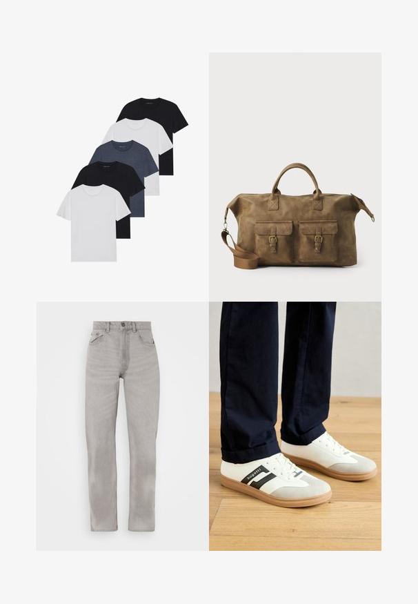 Ensemble de cinq t-shirts en noir, blanc et bleu marine. Tissu en coton, manches courtes, design col rond et texture unie sans motifs.; Jean en denim gris avec une coupe droite, comportant cinq poches, une fermeture à bouton et à glissière, ainsi que des détails de décoloration subtile sur l'ensemble.; Baskets blanches et grises avec des rayures noires, en cuir, dotées d'une semelle en caoutchouc et de lacets plats. Portées avec un pantalon marine sur un sol en bois.; Sac de voyage en cuir marron avec deux poches avant, bandoulière réglable, accessoires en or et poignées supérieures robustes. Texture lisse.
