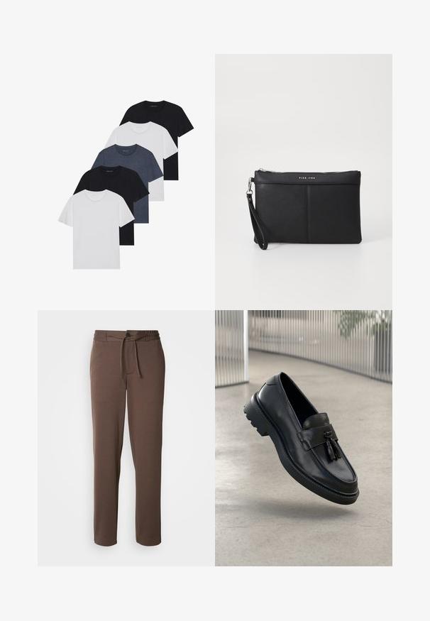 Set of five t-shirts in black, white, and navy blue. Cotton fabric, short sleeves, crew neck design, and plain texture with no patterns.; Brown sweatpants made of soft material, featuring a drawstring waist, button closure, and straight legs with no visible patterns or accents.; Black leather loafers with a smooth finish, decorative tassel, thick rubber sole, and stitched accents. Lightweight and sleek design.; Black synthetic clutch with a zip closure, wrist strap, and a smooth texture. Features subtle stitching and a logo embossed on the front.