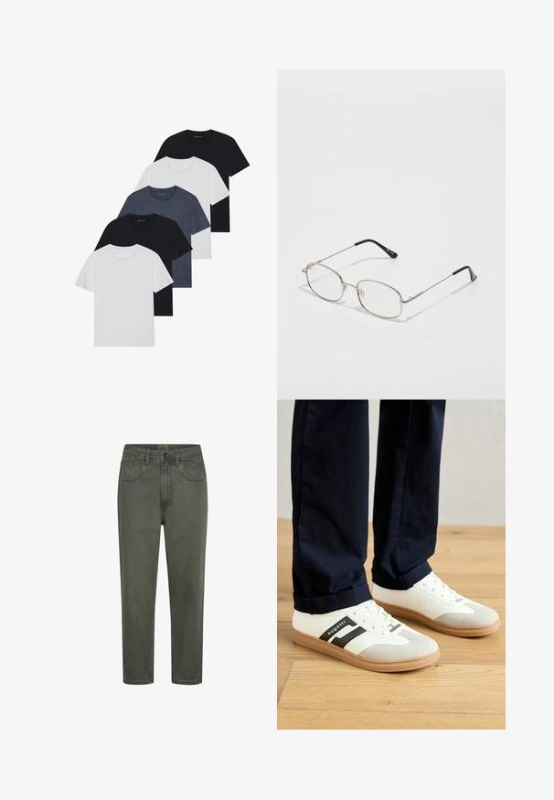 Set van vijf t-shirts in zwart, wit en marineblauw. Katoenen stof, korte mouwen, ronde halsontwerp en een effen textuur zonder patronen.; Groene katoenen chinos met een rechte snit, voorzien van riemlussen, voortzakken en een knoopsluiting. Soepele textuur met minimale stiksels.; Witte en grijze sneakers met zwarte strepen, gemaakt van leer, met een rubberen zool en platte veters. Draagt ze met marineblauwe broek op een houten vloer.; Metalen bril met een ovale montuur, zilveren randen en heldere glazen. Slanke, rechte pootjes met zwarte uiteinden, minimalistisch ontwerp.