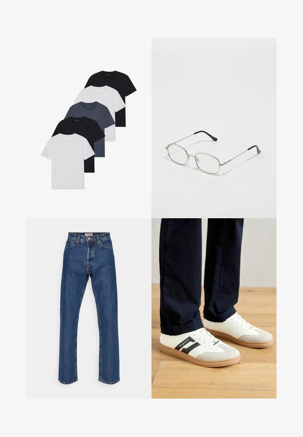 Sada pěti triček v černé, bílé a námořnické modré barvě. Bavlněná tkanina, krátké rukávy, kulatý límec a hladký povrch bez vzorů.; Tmavě modré džíny z denimu s vysokým pasem a rovnými nohavicemi. Obsahují zapínání na knoflík, pět kapes a kontrastní šití.; Bílé a šedé tenisky s černými pruhy, vyrobené z kůže, s gumovou podrážkou a plochými tkaničkami. Nosené s námořnickými kalhotami na dřevěné podlaze.; Kovové brýle s oválným rámem, stříbrnými rámečky a čirými skly. Úzké, rovné nožičky s černými špičkami, minimalistický design.