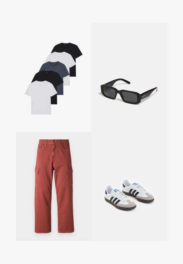 Penki marškiniai juodos, baltos ir mėlynos spalvos. Pagaminti iš medvilnės, trumpomis rankovėmis, su apvaliu kaklu, be raštų.; Kargo kelnės raudonai rudos spalvos, pagamintos iš tvirto audinio, su šoninėmis kišenėmis, tiesiomis kojomis ir matomomis siuvimo detalėmis.; Sportiniai batai su balta odine viršutine dalimi, pilku zomšiniu priekiu ir trimis juodomis juostelėmis. Ant liežuvio yra mėlynas logotipas, o padas pagamintas iš tekstūruoto gumos.; Arnette THEKIDD UNISEX - Akiniai nuo saulės - black