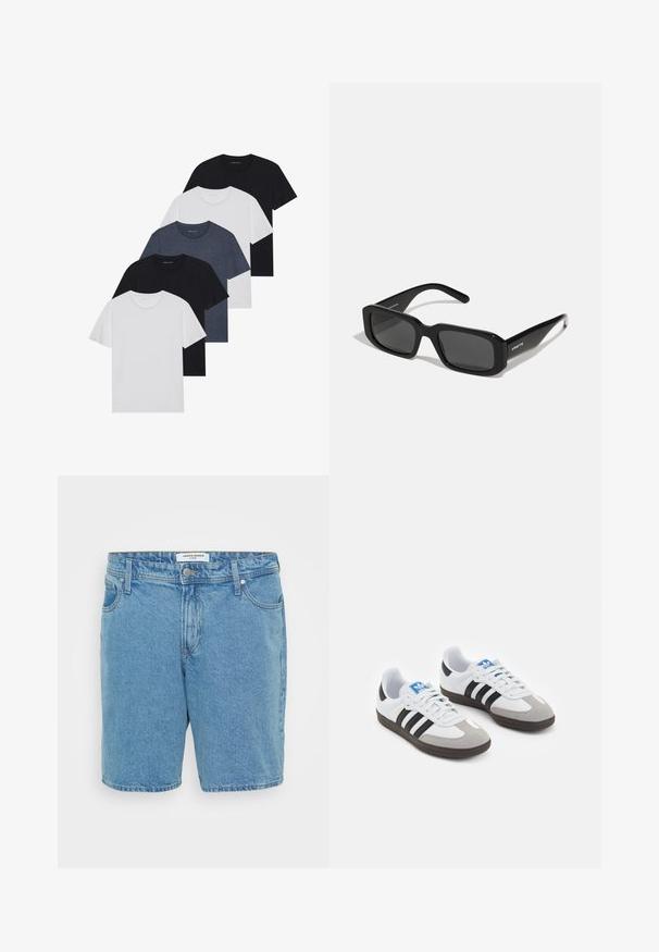 Sada pěti triček v černé, bílé a námořnické modré barvě. Bavlněná tkanina, krátké rukávy, kulatý límec a hladký povrch bez vzorů.; Světle modré denimové šortky s klasickým střihom. Obsahují pět kapes, zapínání na knoflík a jemně vybledlou texturu. Vyrobeno z bavlny.; Sportovní boty s bílým koženým svrškem, šedou semišovou špičkou a třemi černými pruhy. Obsahují modré logo na jazyku a texturovanou gumovou podrážku.; Arnette THEKIDD UNISEX - Sluneční brýle - black