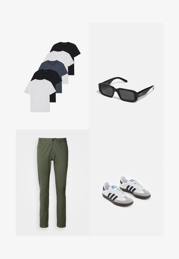Set di cinque t-shirt in nero, bianco e blu navy. Tessuto di cotone, maniche corte, design a collo rotondo e texture semplice senza motivi.; Pantaloni verde oliva realizzati in cotone misto, con una vestibilità dritta classica, cinque tasche e chiusura con bottone metallico. Texture liscia.; Scarpe sportive con tomaia in pelle bianca, punta in suede grigia e tre strisce nere. Presentano un logo blu sulla linguetta e una suola in gomma testurizzata.; Arnette THEKIDD UNISEX - Occhiali da sole - black