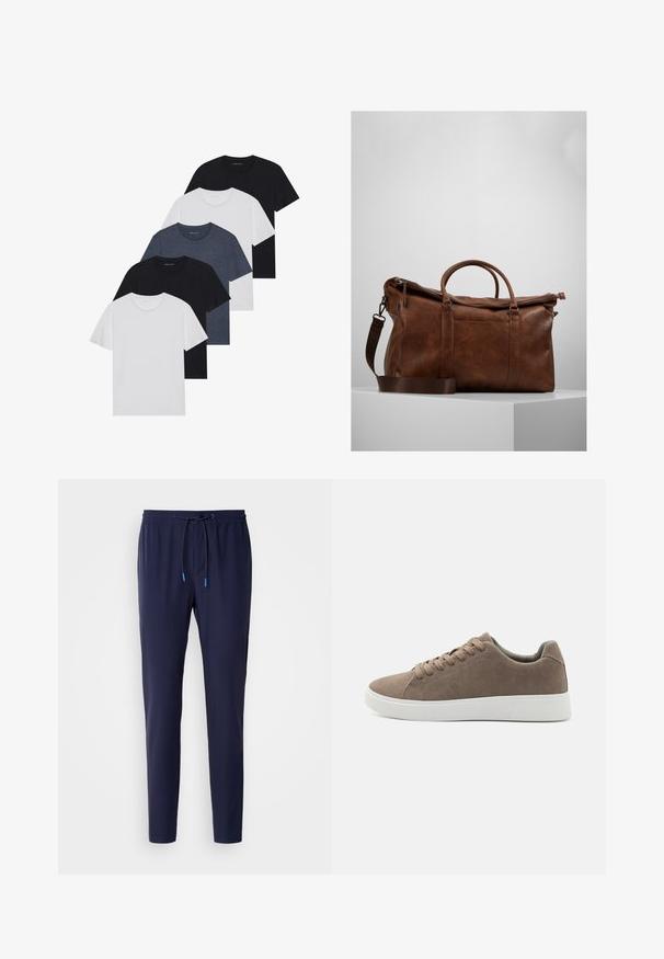 Set of five t-shirts in black, white, and navy blue. Cotton fabric, short sleeves, crew neck design, and plain texture with no patterns.; Navy blue jogger pants made of soft fabric, featuring a drawstring waist with blue accents, slim fit, and ribbed cuffs at the ankle.; Brown suede sneakers with flat white rubber soles, lace-up design, rounded toe, and a smooth texture. Minimalist style with subtle stitching details.; Brown leather duffle bag with a zip closure, double handles, adjustable shoulder strap, and visible texture patterns on the surface.