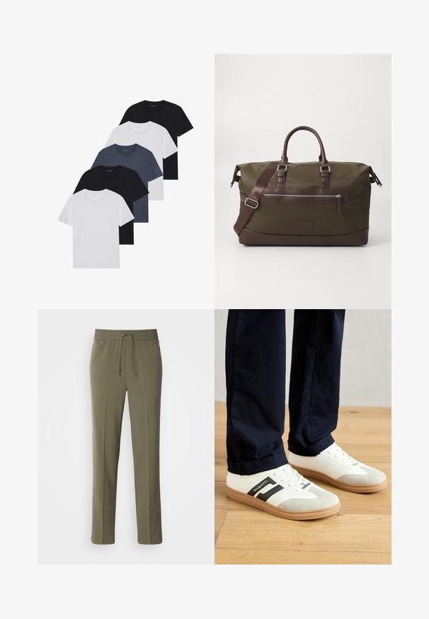 Öt fekete, fehér és tengerészkék póló készlet. Pamut anyag, rövid ujjak, kerek nyakú dizájn és sima textúra minták nélkül.; Olajzöld, könnyű nadrág, rugalmas derékkal és állítható zsinórral; egyenes szárú kialakítás és sima textúra.; Fehér és szürke sportcipők fekete csíkokkal, bőrből készültek, gumitalppal és lapos fűzővel. Tengerészkék nadrággal viselik egy fa padlón.; Olíva zöld vászon sporttáska barna bőr kiegészítőkkel, dupla fogantyúval, levehető vállpánttal és elülső cipzáras zsebbel.
