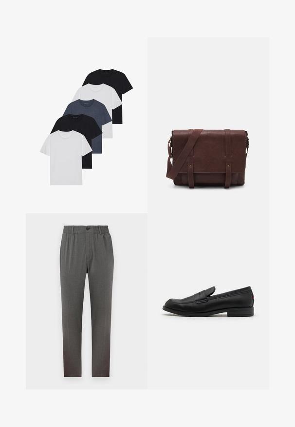 Sett av fem t-skjorter i svart, hvit og marineblå. 100% bomull, kortermet, rund halsdesign og ensfarget uten mønstre.; Grå bukser med en skreddersydd design, som har strikk i midjen, knappelukking og rette ben; laget av mykt, teksturert stoff.; Sorte lærlofter med en glat overflade, rund tå og en lille dekorativ flap. Har en lav stablet hæl og diskret brandingdetalje.; Brun lær messenger bag med en flat frontklaff, to stropper, gullfargede detaljer og en justerbar skulderrem.